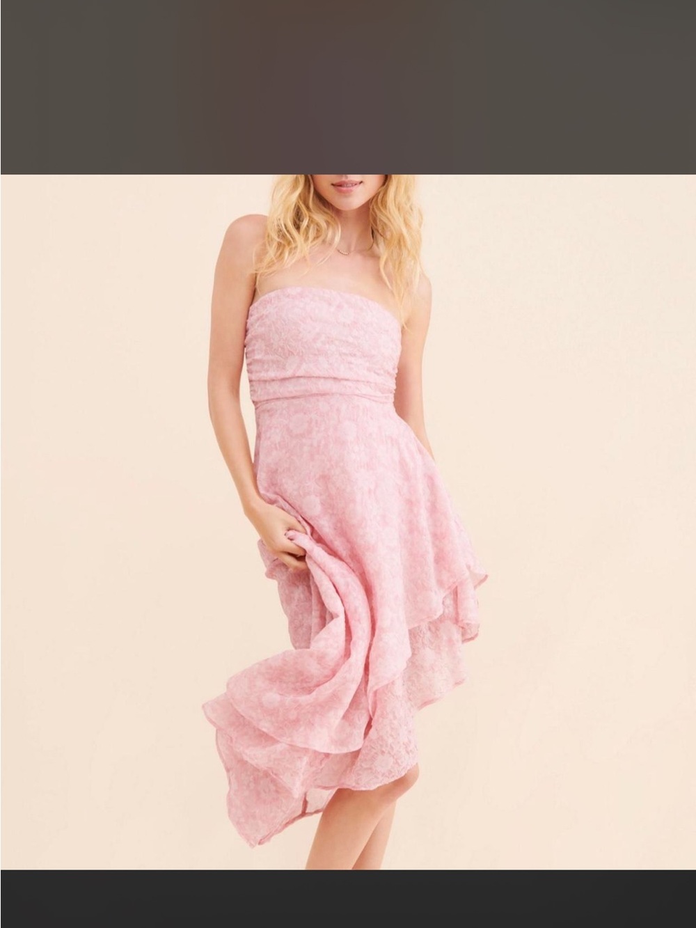 4SI3NNA Strapless Pink Lace Asymmetrical Dress